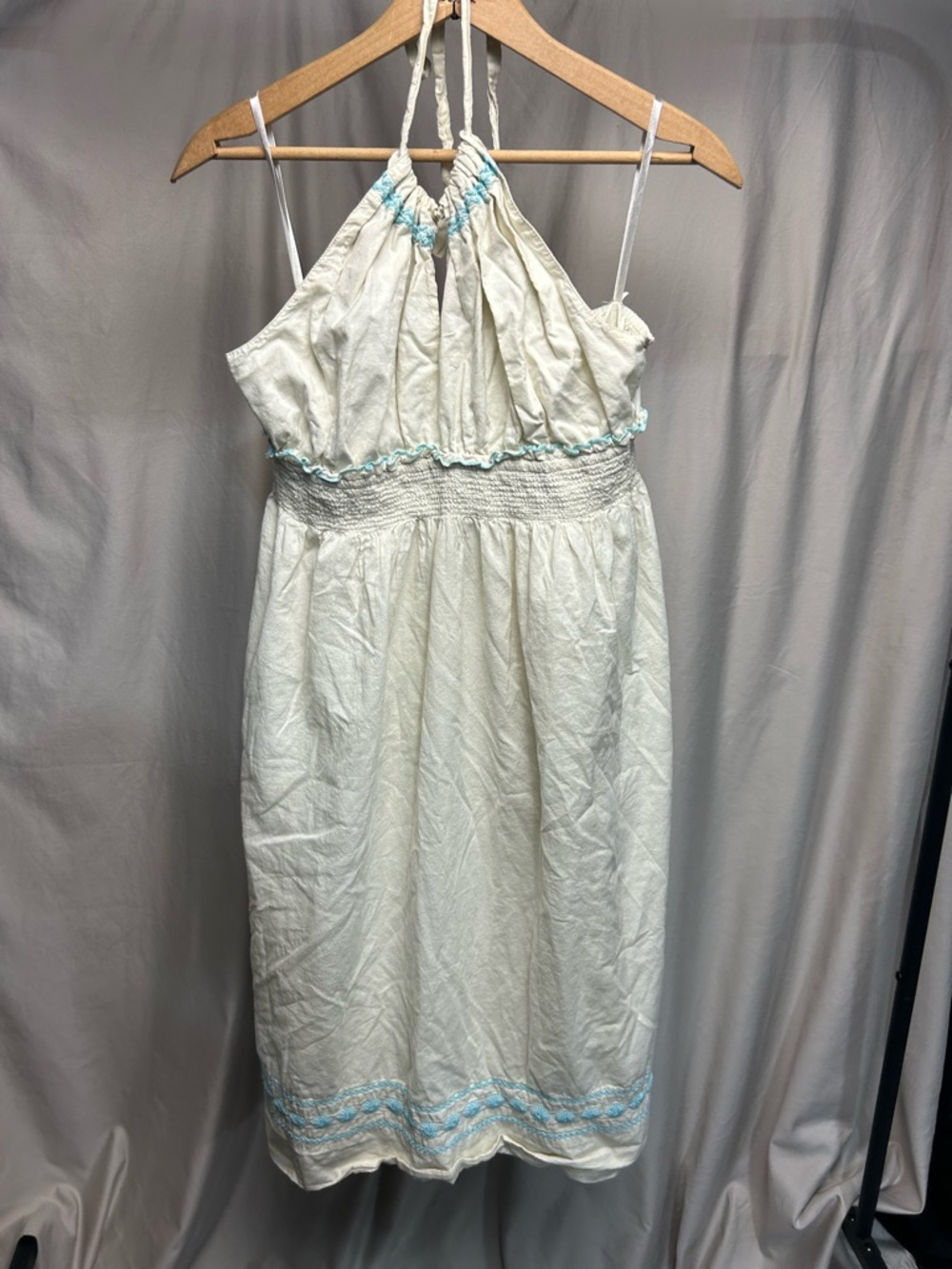 Cream and teal summer flowy halter dress Sz L